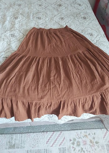 xl Beden kahverengi Renk Kadın Keten Uzun Volanlı Etek