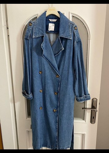 Kadın Mavi Düğmeli Denim trençkot - Görsel 3