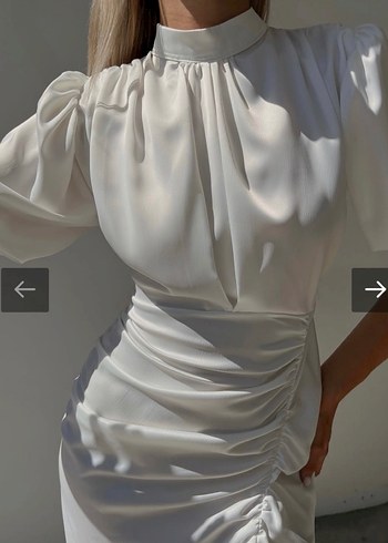 Beyaz Drapeli Midi Elbise - Görsel 3