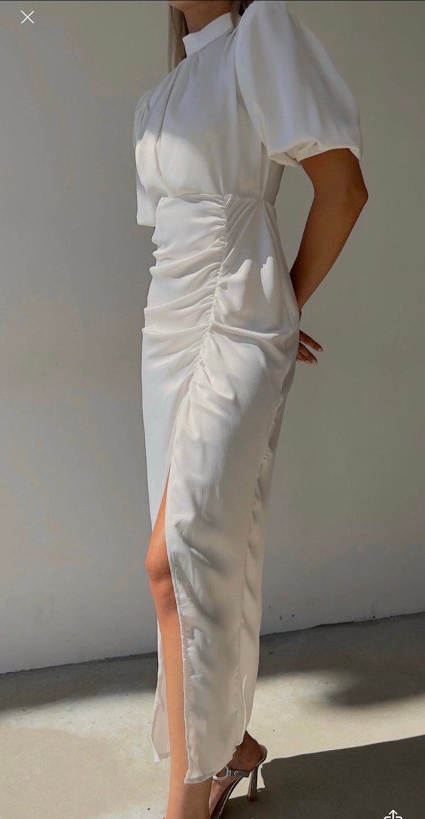 Beyaz Drapeli Midi Elbise - Görsel 4
