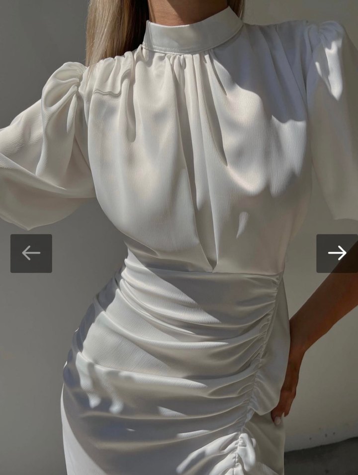 Beyaz Drapeli Midi Elbise - Görsel 3