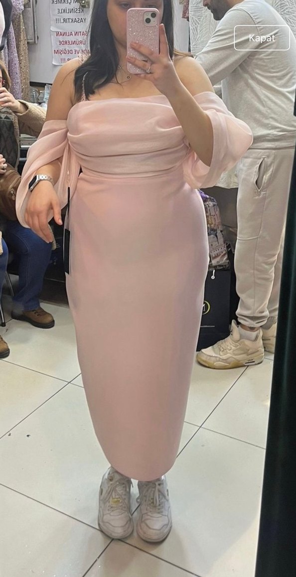 Uzun Pudra Pembesi Drapeli Straplez Kalem Elbise - Görsel 3