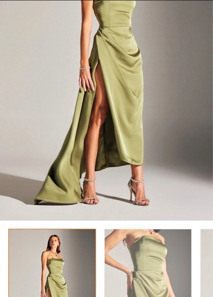 Askılı Drapeli Uzun Kadın Elbise - Haki - Görsel 4