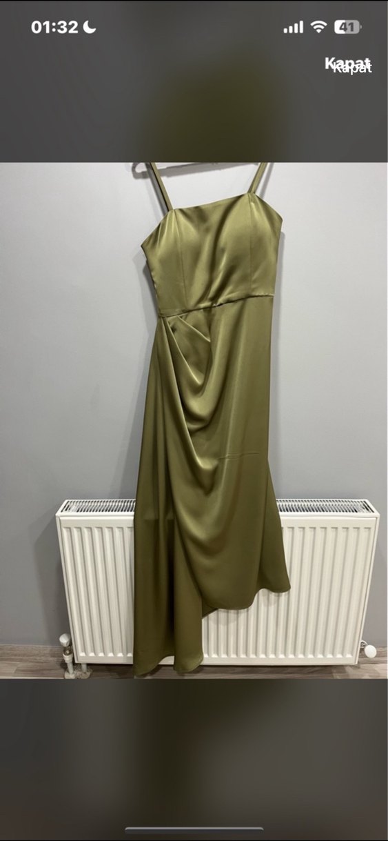 Askılı Drapeli Uzun Kadın Elbise - Haki - Görsel 3
