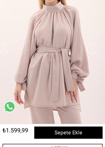 Bej Uzun Kollu Kadın Kemerli Takım - Görsel 4