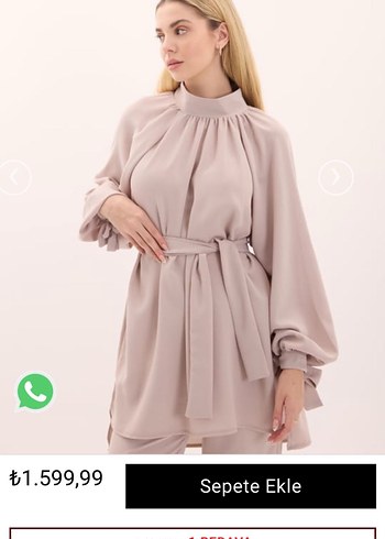 Bej Uzun Kollu Kadın Kemerli Takım - Görsel 3