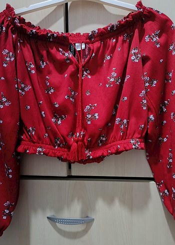 Kırmızı Çiçekli Uzun Kollu Mini Bluz