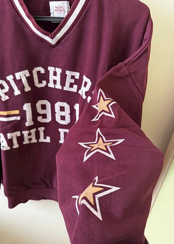 s Beden bordo Renk Bordo Baskılı Oversize Sweatshirt
