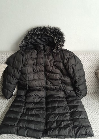 Siyah Uzun Kadın Kışlık Mont Kürklü Kapüşonlu - Görsel 2