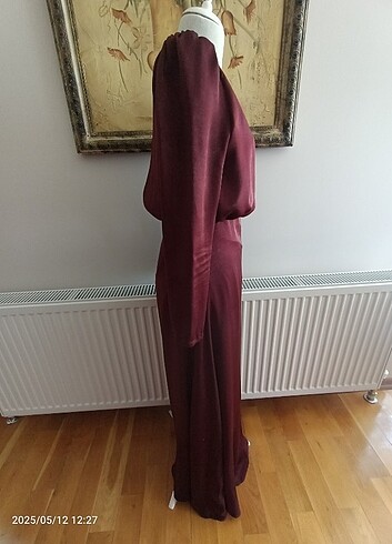 m Beden bordo Renk Uzun saten tesettür elbise