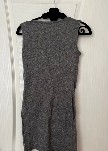 Gri Kolsuz Midi Keten Elbise - Görsel 2