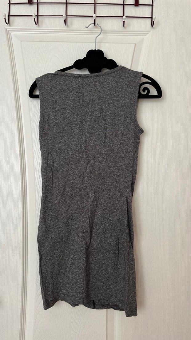 Gri Kolsuz Midi Keten Elbise - Görsel 2