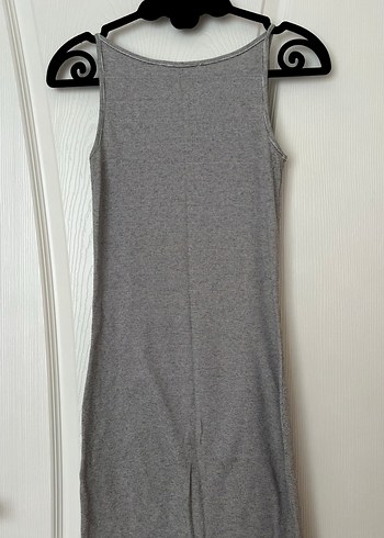 Gri Midi Kolsuz Yüksek Yakalı Elbise - Görsel 2