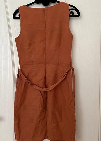 Kahverengi Nakışlı Kolsuz Midi Keten Elbise - Görsel 2