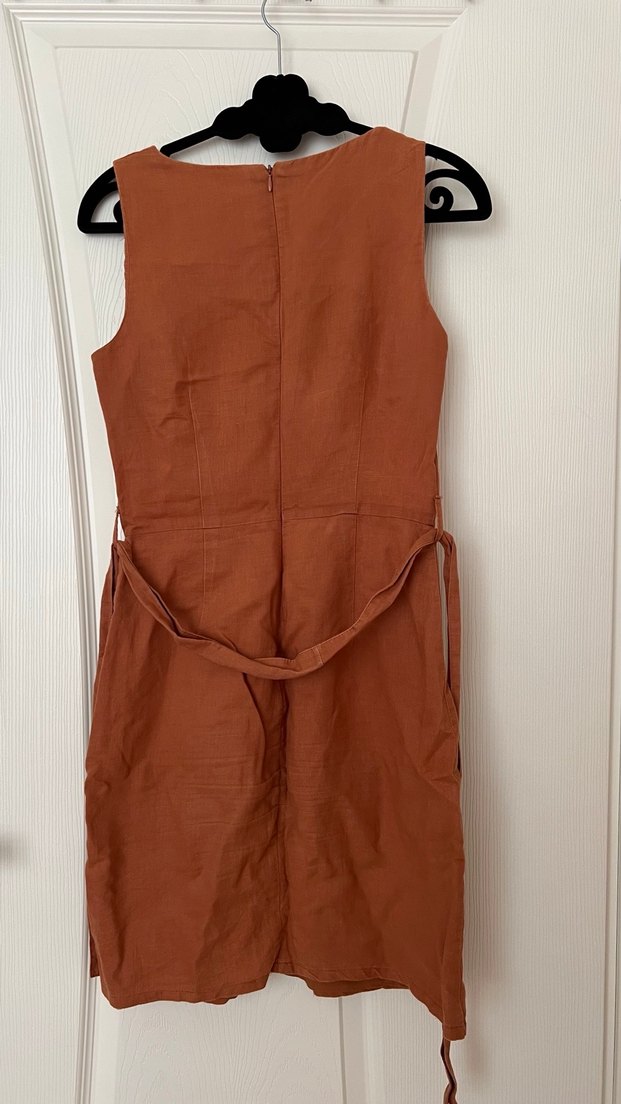 Kahverengi Nakışlı Kolsuz Midi Keten Elbise - Görsel 2