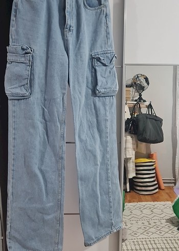 bol kesim Cep Detaylı Mavi Kadın Kot Pantolon - Görsel 3