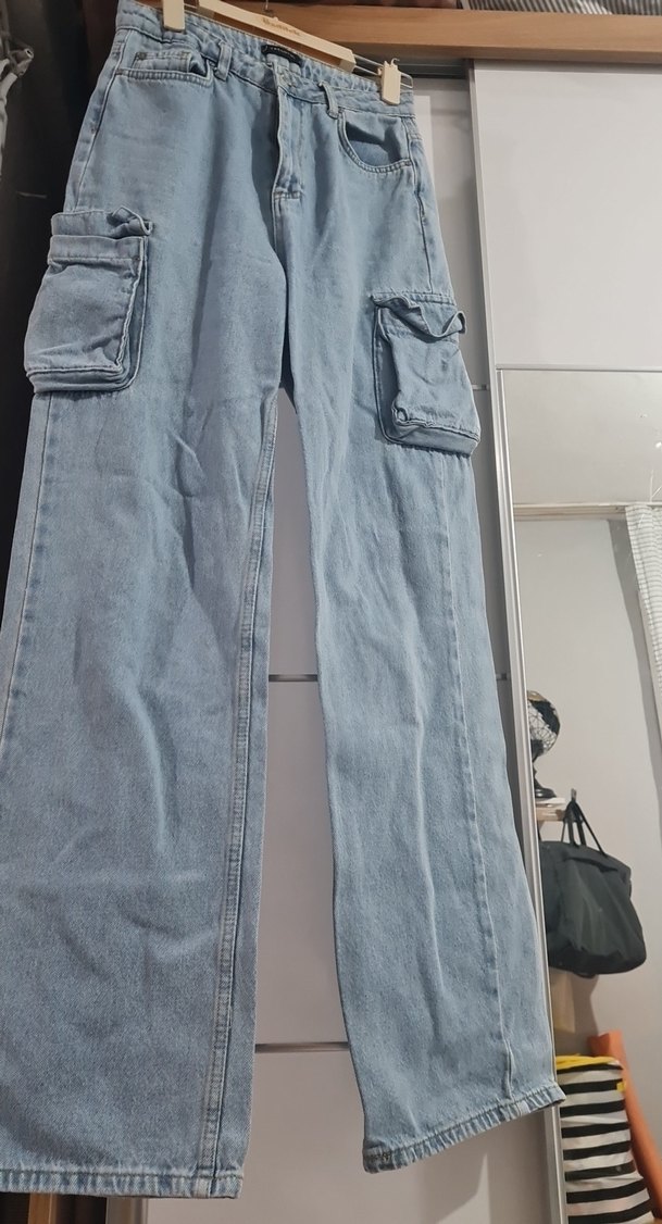 bol kesim Cep Detaylı Mavi Kadın Kot Pantolon - Görsel 5