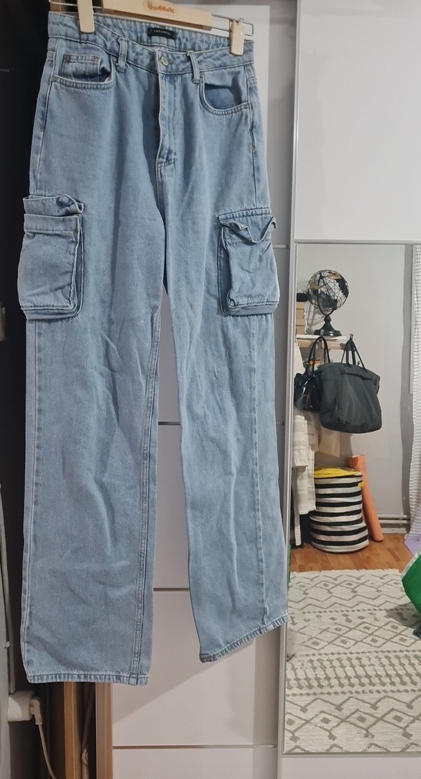 bol kesim Cep Detaylı Mavi Kadın Kot Pantolon - Görsel 4