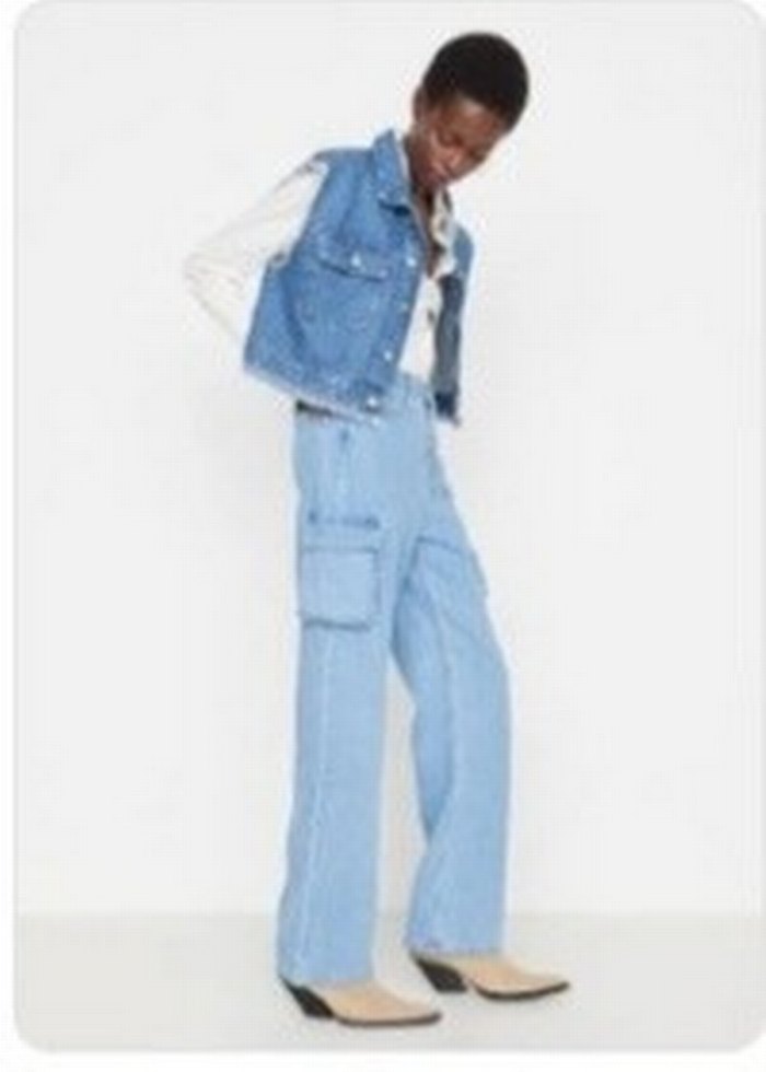 bol kesim Cep Detaylı Mavi Kadın Kot Pantolon - Görsel 2