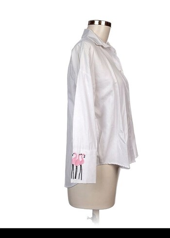 Pamuklu Beyaz Uzun Kollu Flamingo Desenli Gömlek - Görsel 3