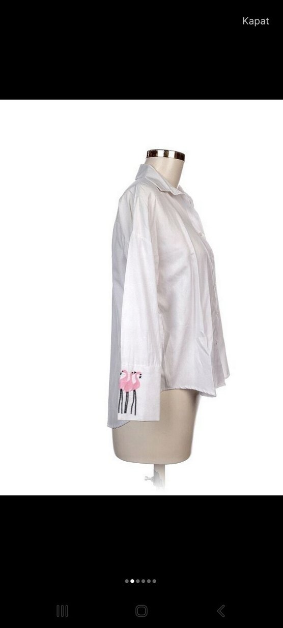 Pamuklu Beyaz Uzun Kollu Flamingo Desenli Gömlek - Görsel 3