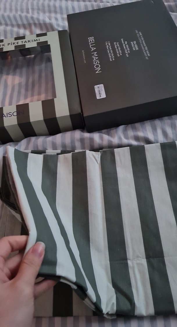 Çizgili Haki beyaz Pamuklu Yastık Kılıfı Takımı - Görsel 5