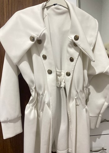Düğmeli Beyaz Kadın Keten Uzun Ceket - Görsel 2