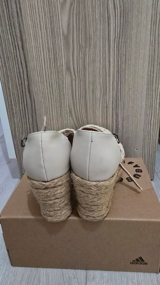 Bej Bohem Örgü Dolgu Topuklu Kadın Sandalet - Görsel 3