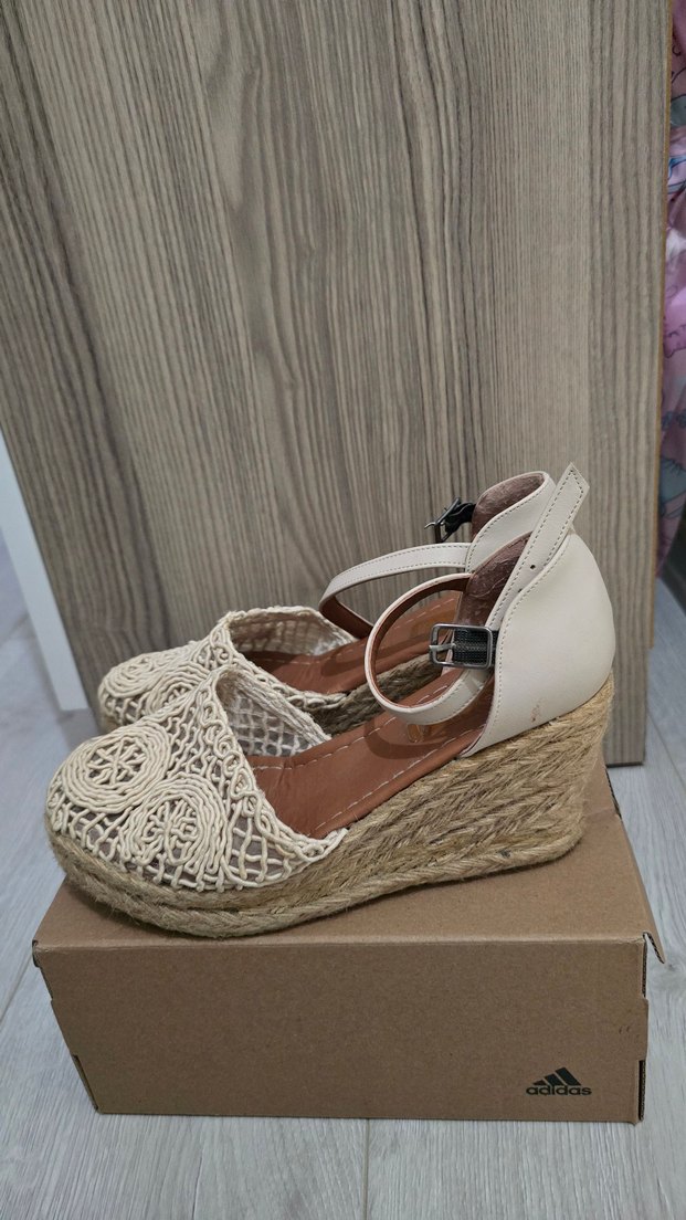 Bej Bohem Örgü Dolgu Topuklu Kadın Sandalet - Görsel 2