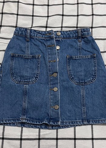 Düğmeli Mavi Kot Mini Etek