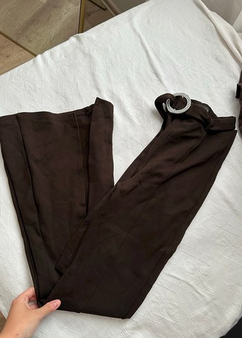 xs Beden kahverengi Renk Kahverengi Kemerli Kadın Kumaş Pantolon