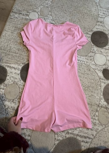 Pembe V Yaka Kısa Kollu Kadın Tulum - Görsel 3