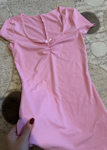 Pembe V Yaka Kısa Kollu Kadın Tulum - Görsel 2