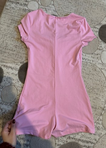 Pembe V Yaka Kısa Kollu Kadın Tulum - Görsel 4