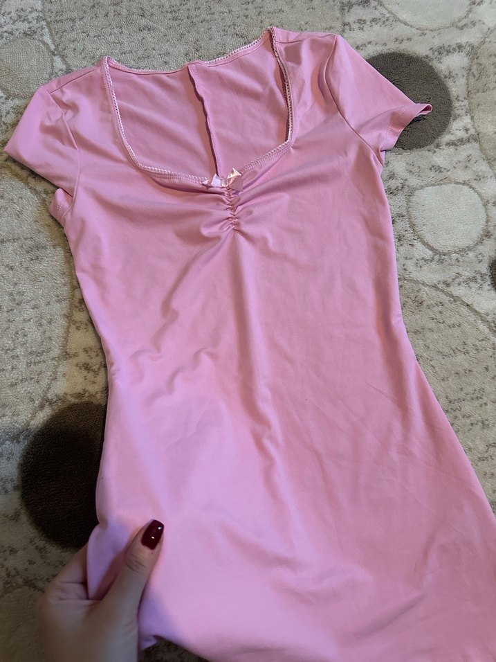 Pembe V Yaka Kısa Kollu Kadın Tulum - Görsel 2