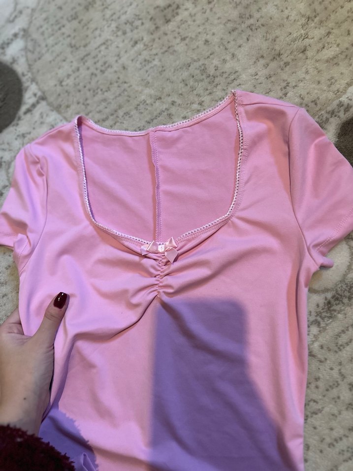 Pembe V Yaka Kısa Kollu Kadın Tulum - Görsel 5