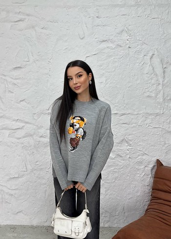 Diğer Gri Baskılı Kadın Triko Sweatshirt