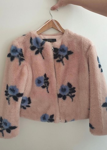 Çiçek Desenli Pembe Midi Peluş Ceket