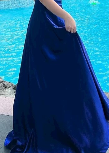 Mavi V Yaka Uzun Drapeli Kadın Abiye - Görsel 2