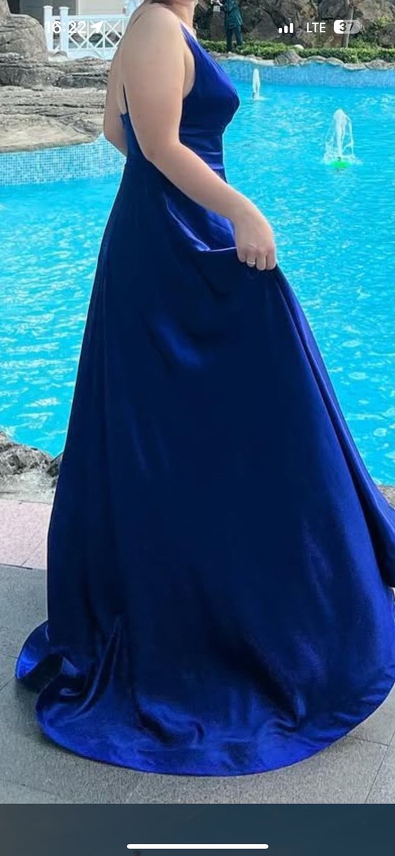 Mavi V Yaka Uzun Drapeli Kadın Abiye - Görsel 2