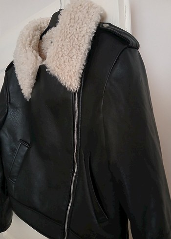 Kürk Detaylı Siyah Deri Biker Ceket - Görsel 3