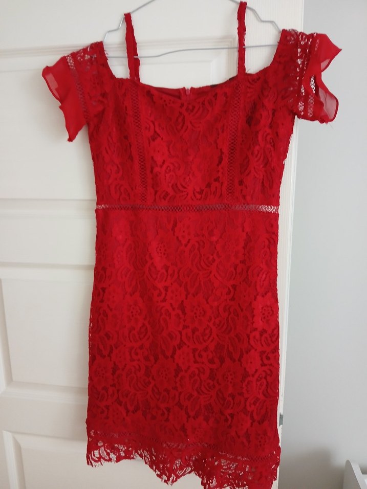 Kırmızı Dantel İşlemeli Midi Elbise - Görsel 2