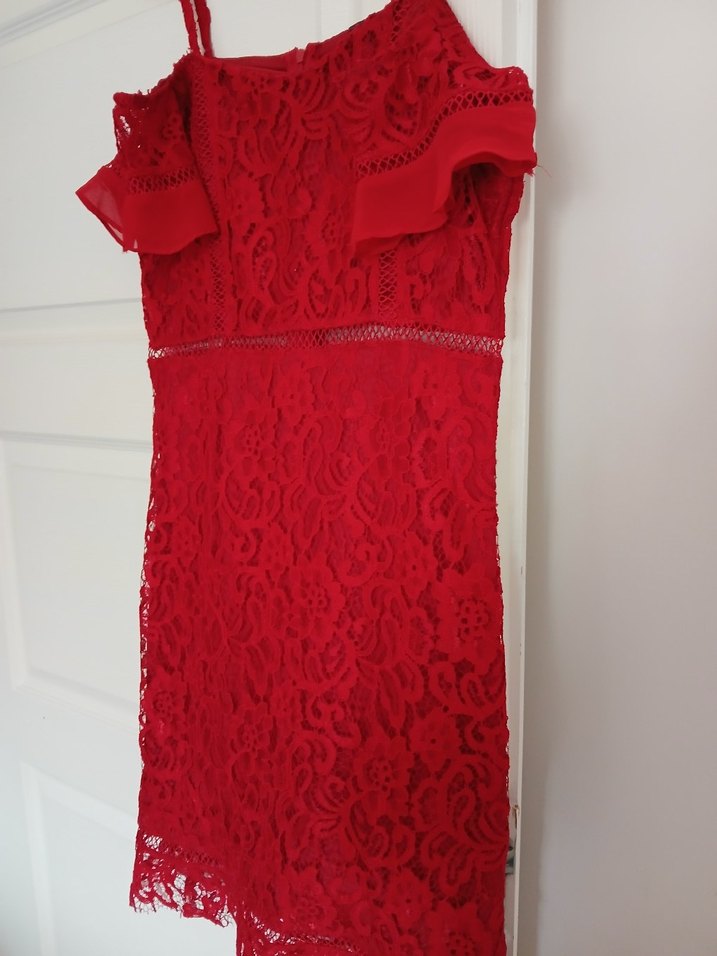 Kırmızı Dantel İşlemeli Midi Elbise - Görsel 5