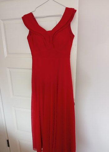 Kırmızı Drapeli V Yaka Midi Abiye Elbise - Görsel 5