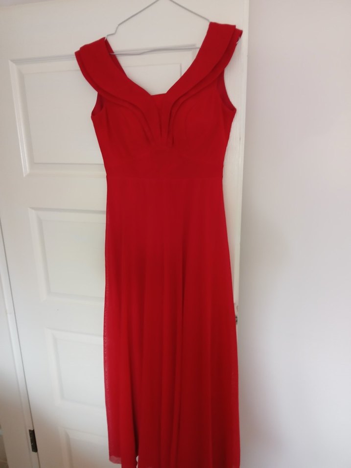 Kırmızı Drapeli V Yaka Midi Abiye Elbise - Görsel 5