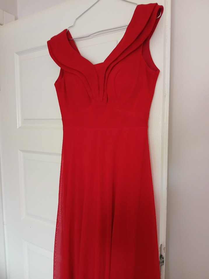 Kırmızı Drapeli V Yaka Midi Abiye Elbise - Görsel 3