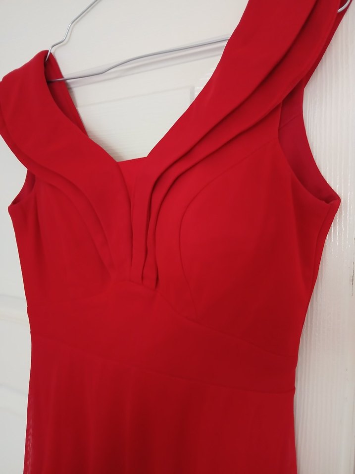 Kırmızı Drapeli V Yaka Midi Abiye Elbise - Görsel 4