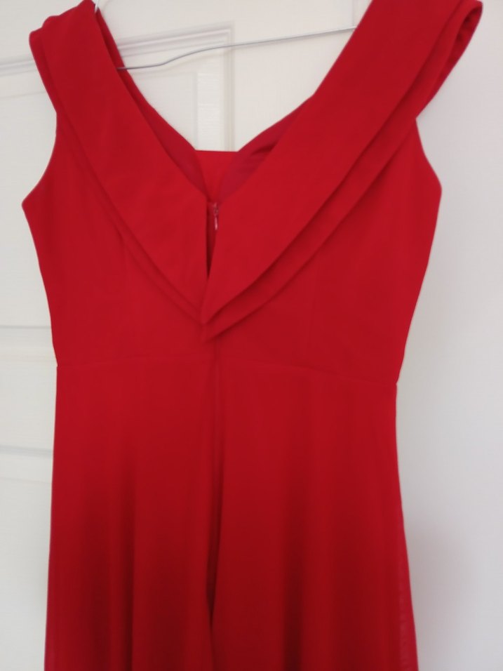 Kırmızı Drapeli V Yaka Midi Abiye Elbise - Görsel 2