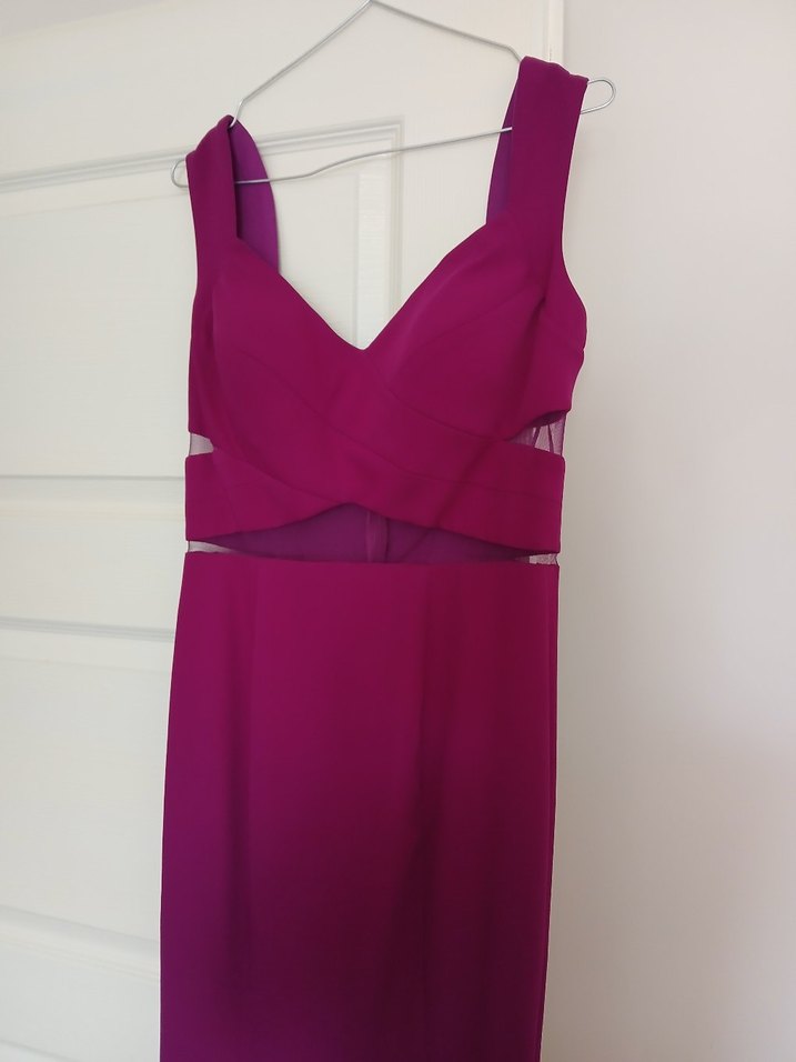 Mor V Yaka Uzun Drapeli Abiye Elbise - Görsel 4