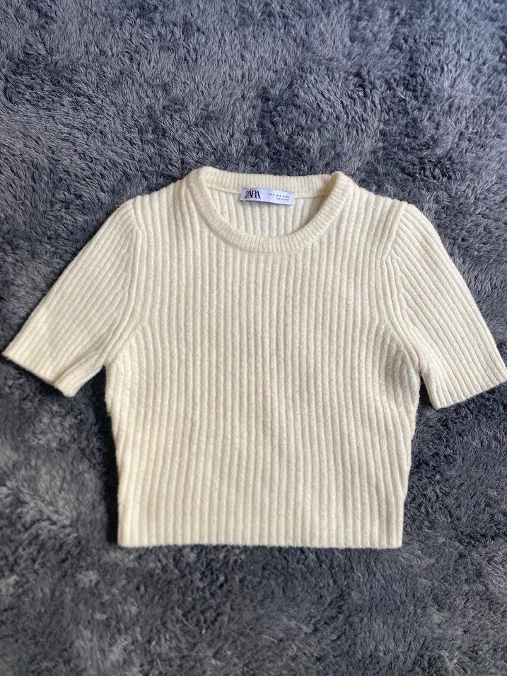 Zara Kısa Kollu Beyaz Örgü Kadın Kazak - Görsel 4